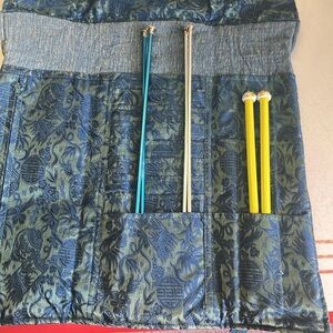 Blue Quilted Knitting Needle Clutch with Tone on Tone Floral Accent
